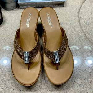 A.Gianetti Italian Sandals.  Wood look wedge heel.  Rhinestone accent.  Tan